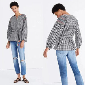 Madewell Women Smocked Gingham Top Black White Cotton Size Small